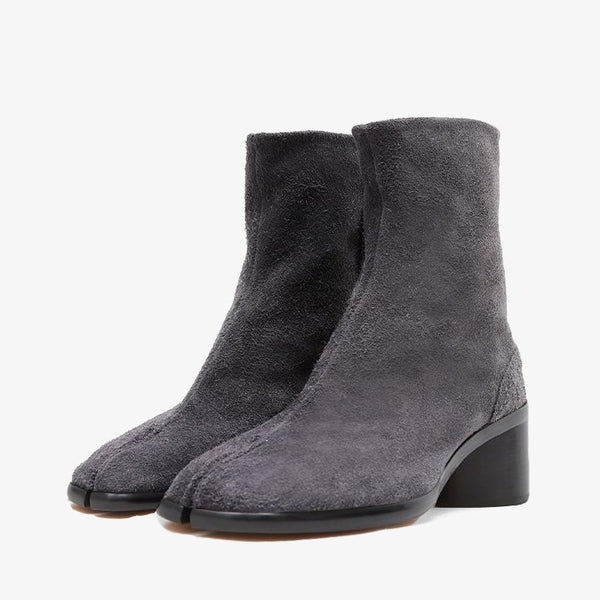 Gray Suede Split-Toe Ankle Boots