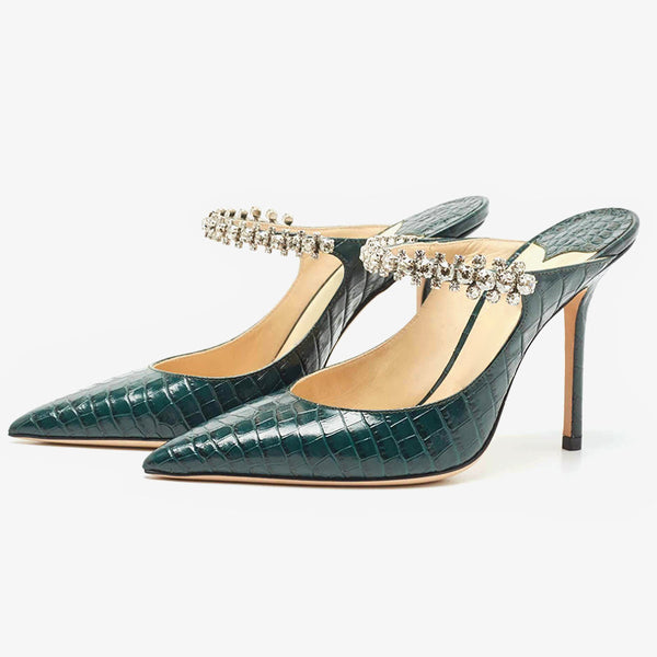 Green Croc-Embossed Leather Mules