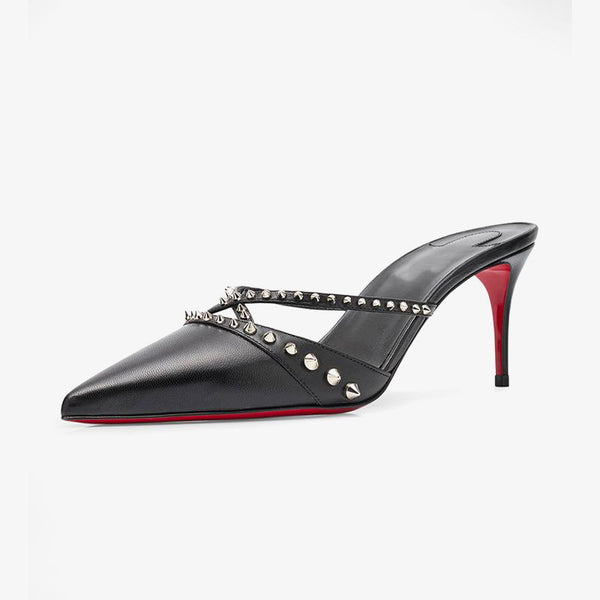 Black Leather Mule Pumps with Metallic Spike Studs and 80 mm