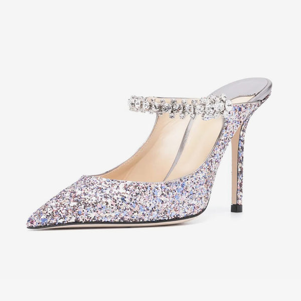 Pink Glitter Mules with Crystal Embellishment