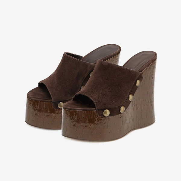 Suede Peep Toe Wedges with Stud Detail