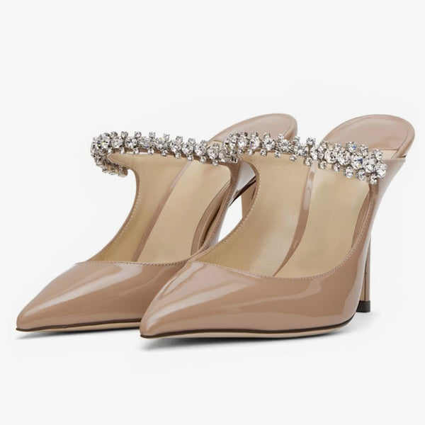 Brown Patent Leather Crystal-Embellished Heels