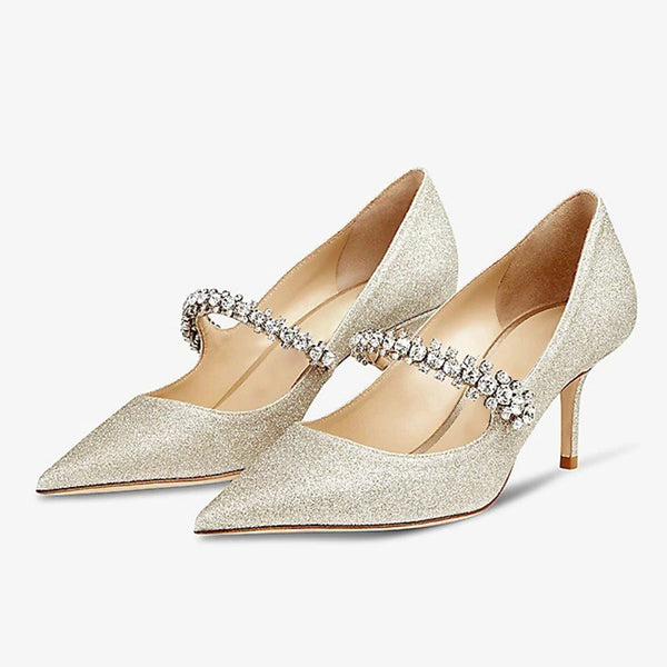 Glitter-Embellished Leather Heeled Mules