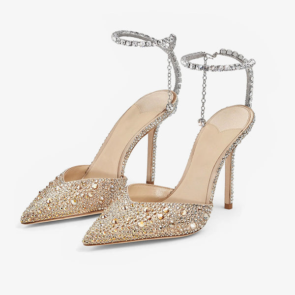 Gold Satin Crystal Pumps