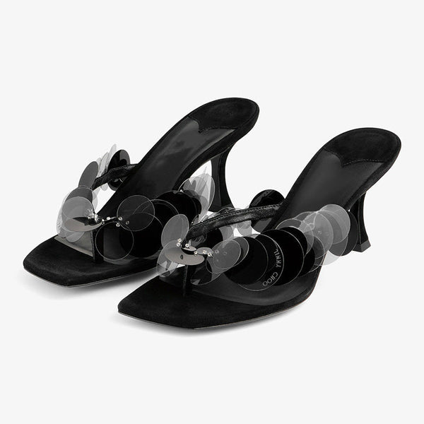 Black Sequin-Embellished Suede Mule Sandals