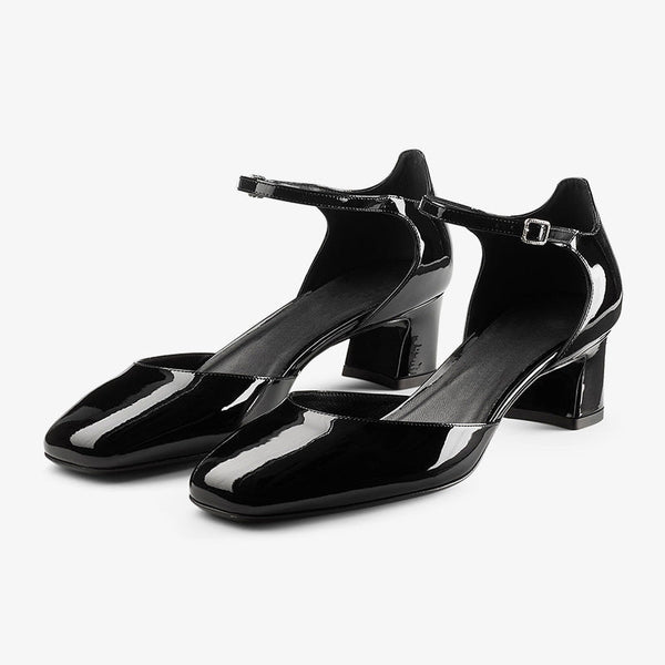 Black Patent Leather Block-Heel Pumps