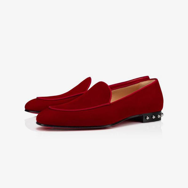 Red Velvet Loafers Studs-Heel Shoes