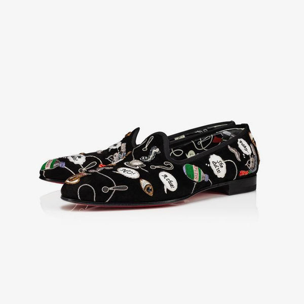 Men Embroidered Graffiti Loafers Suede Black