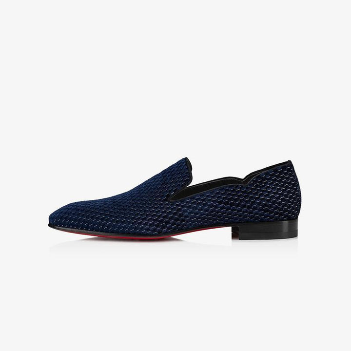 Navy Velvet Grids Flat Leather Loafers - ARNO CONTI