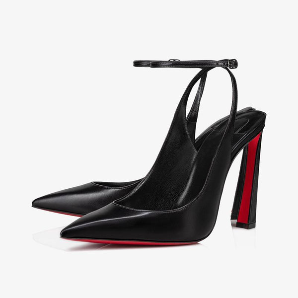 Black Leather 100mm Pump with Slanted Heel and Ankle Strap