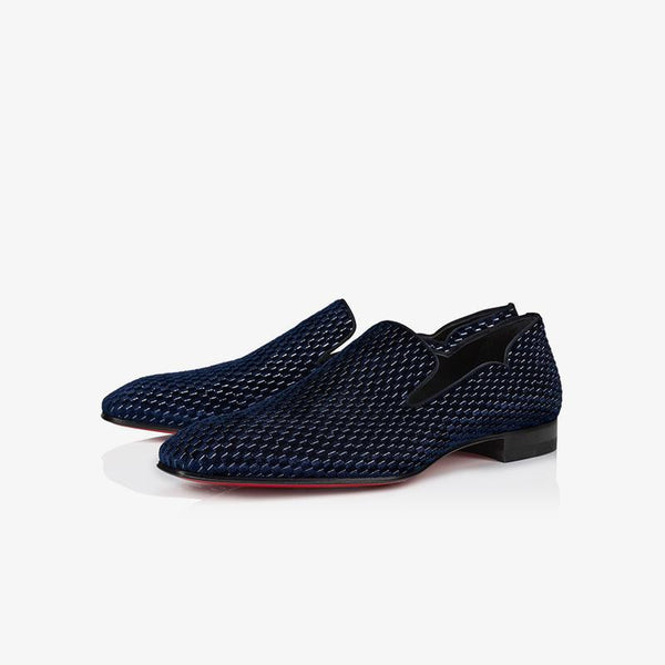 Navy Velvet Grids Flat Leather Loafers