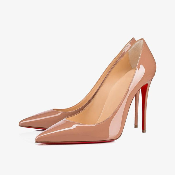 Beige Patent Leather Pointed Toe Pumps