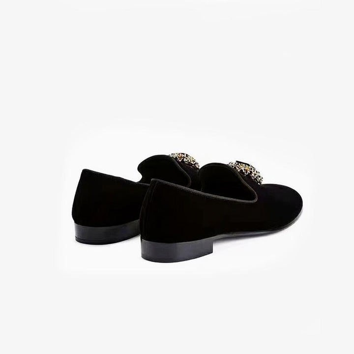 Black rhinestone-embellished Suede Loafers.