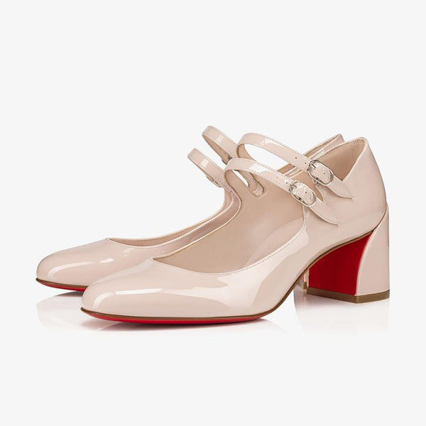 Beige Patent Calfskin Pumps with Silver Straps and 60 mm