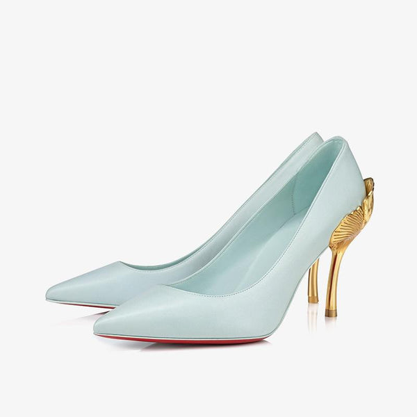 Iceberg Blue Leather Pump with Ginkgo Leaf Heel