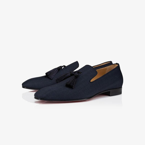 Navy Fabric Mens Tassel Flat Loafers