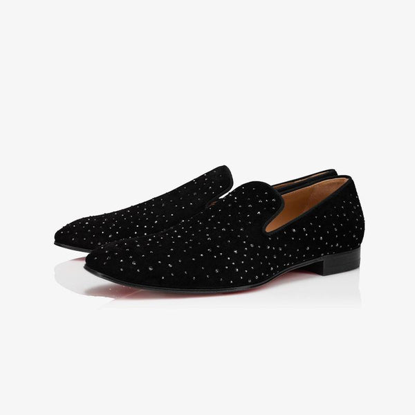 Velvet Black Rihestone Mens Slip On Loafers