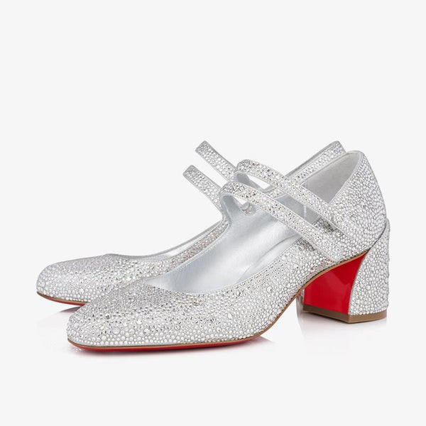 Elegant Crystal-Embellished silver 60mm Pump with  Block