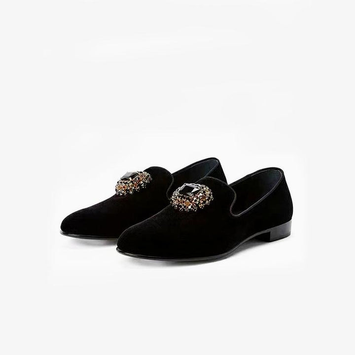 Black rhinestone-embellished Suede Loafers.