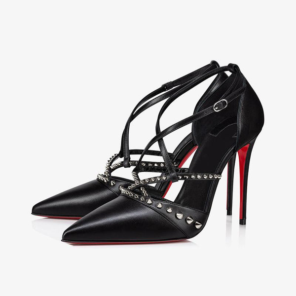 Black Calf Leather Spiked Strap Pumps