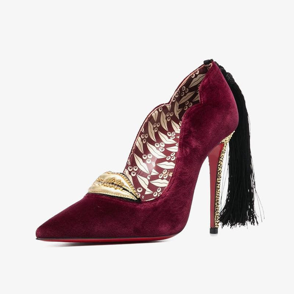 Red Trim Velvet Tassel Pumps