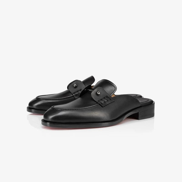 Black Leather Backless Collar Pin Loafer