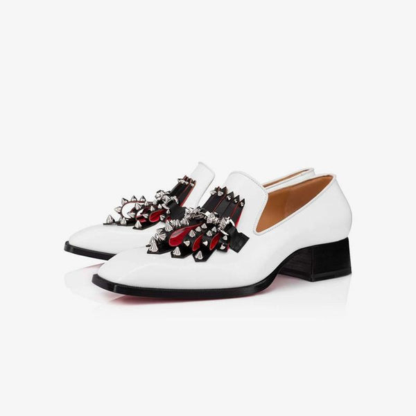 White Leather Loafers Rivets Square Toe Heels