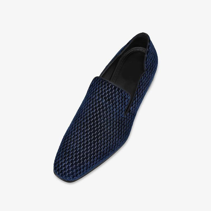 Navy Velvet Grids Flat Leather Loafers - ARNO CONTI