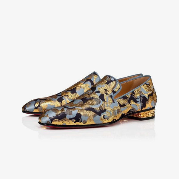 Stud-heel Loafers Flat Nylon Golden Printing Leather