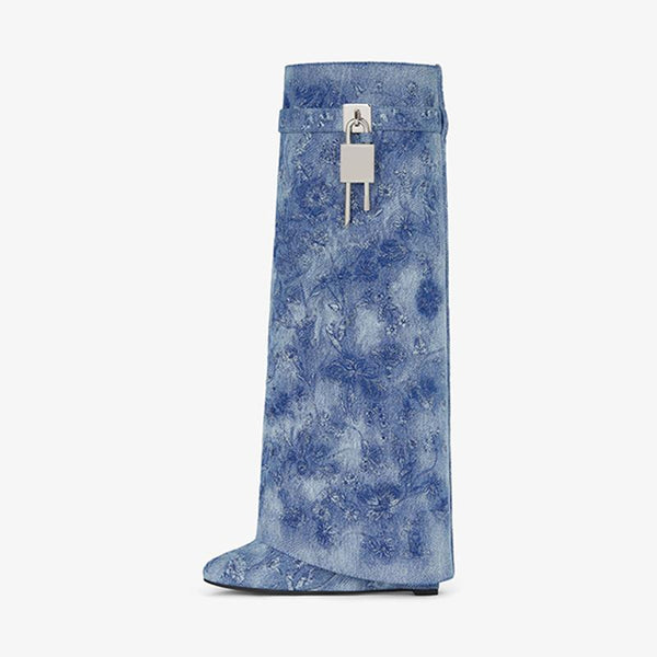 Elegant Medium Blue Denim High Boots