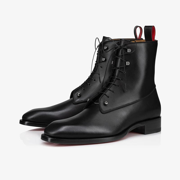 Black Calf Leather Lace-Up Ankle Boot with Removable Silver Details