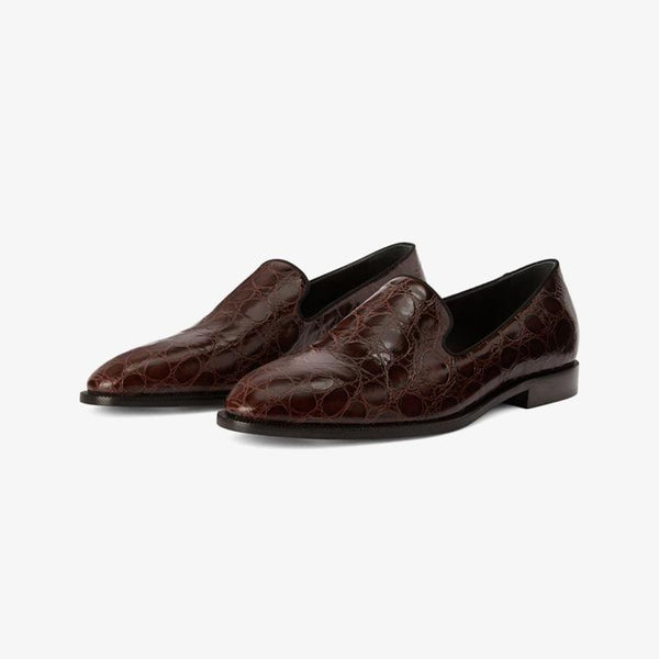 Chocolate Brown Crocodile-Embossed Leather Loafers