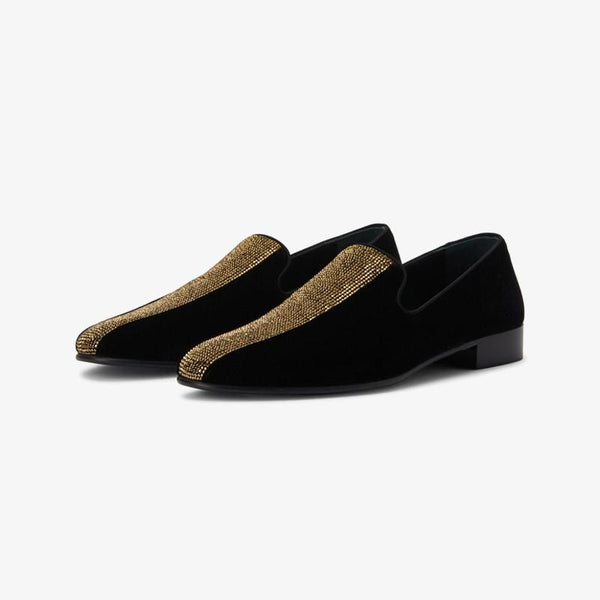 Black & Gold Velvet Tuxedo Diamond Loafers