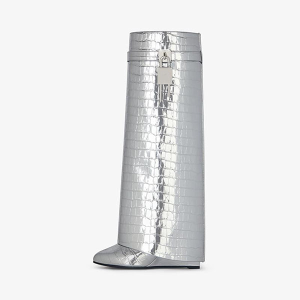 Sleek Silvery Crocodile-Embossed High Boots - Arno Conti Shoe