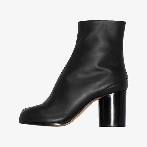 Black Leather High-Heeled Ankle Boots