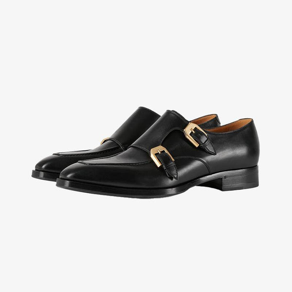 Black Leather Monk Strap Shoes with Gold-Toned Buckle