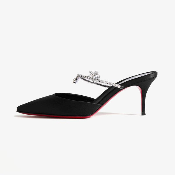 Black Satin Mule with 80 mm and Crystal Embellishments