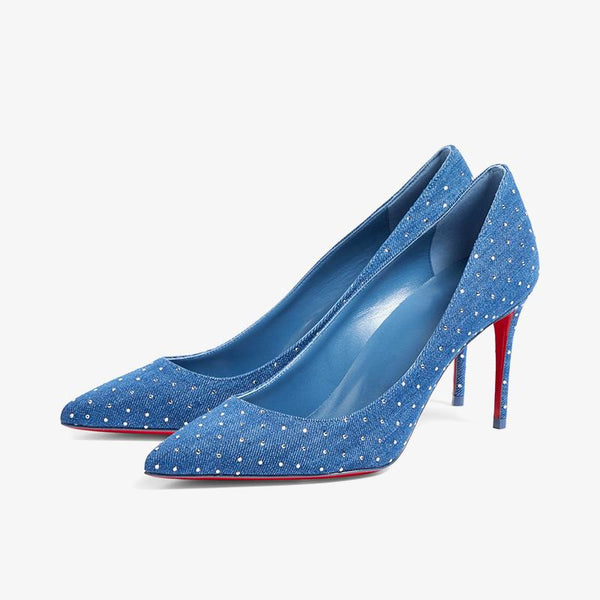 Blue Fabric Pointed Toe 80mm Pumps with Red Sole