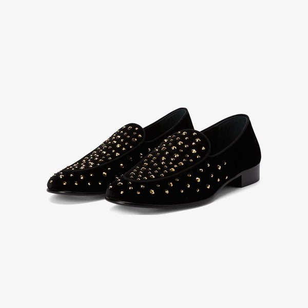 Black Velvet Crystal-Embellished Loafers