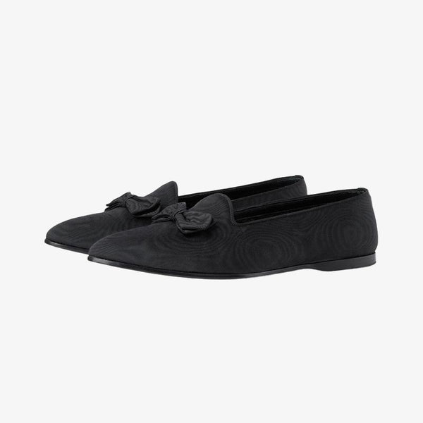 Black Fabric Pointed-Toe Loafers with Bow