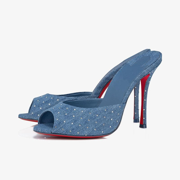 Blue Denim Strass Heeled Mules with 100 mm