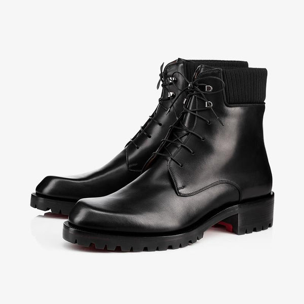 Black Patinated Calfskin Combat Boot with Grosgrain Trim