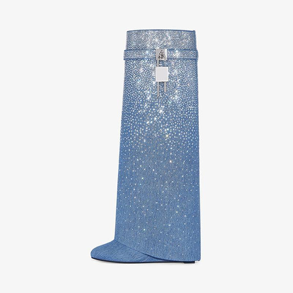 Dazzling Medium Blue Denim Strass High Boots