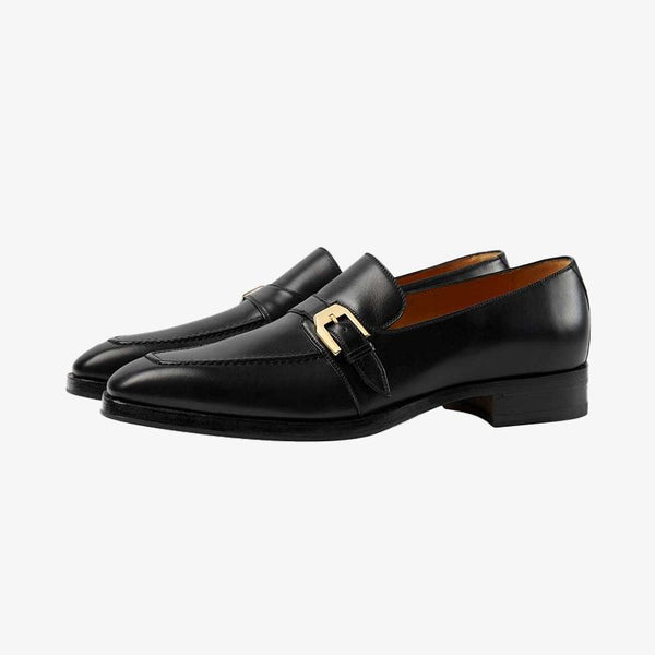 Single-Sided Gold Buckle Calfskin Loafers