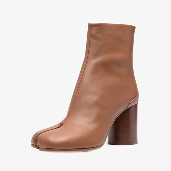 Brown Leather High-Heeled Ankle Boots