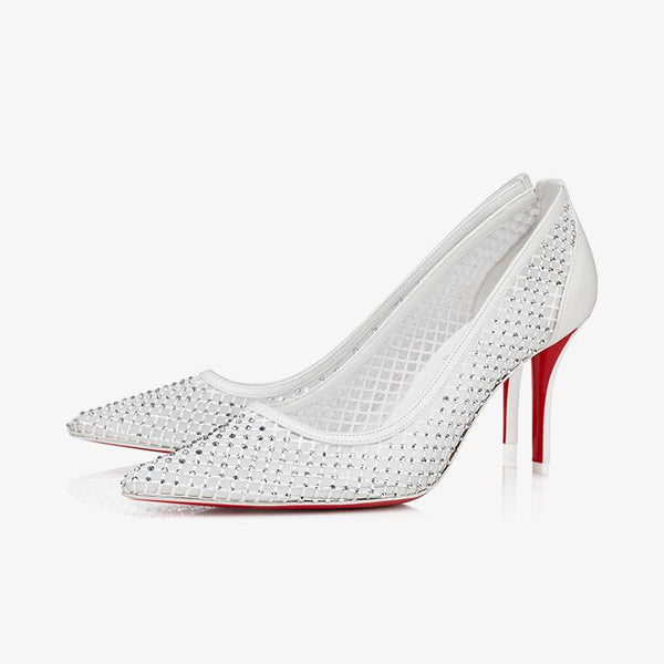 White Mesh Pumps with 80 mm and Strass Detail